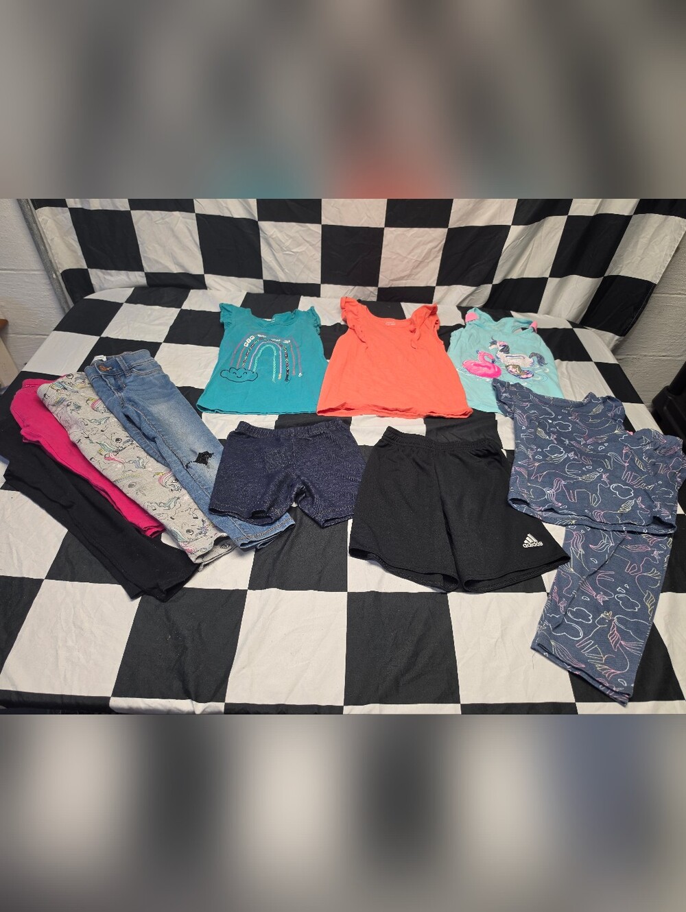 Carter's Girls Teal Rainbow Tank, Coral Ruffle Tank, Navy and Black Shorts Set